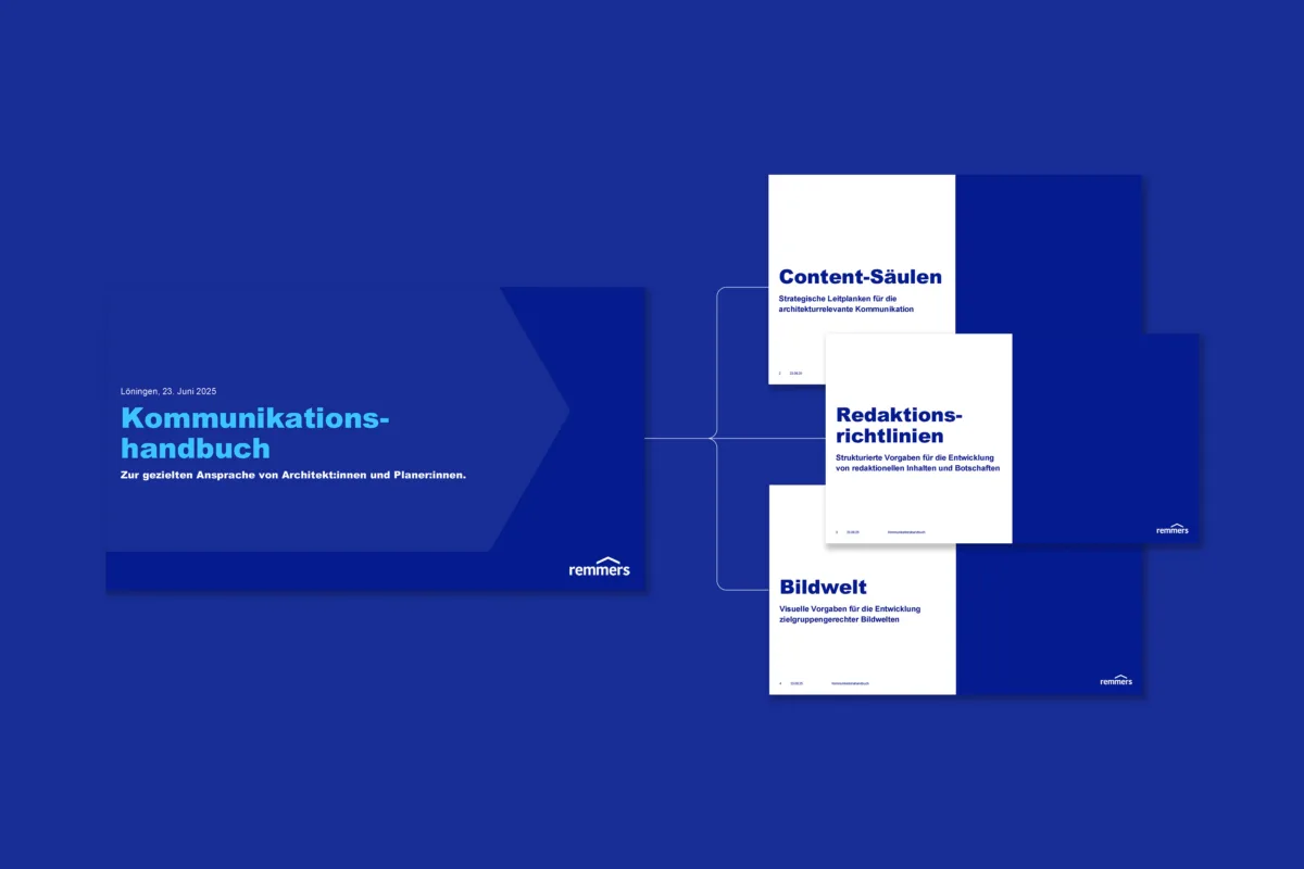 Titelseite und Kapitel des Kommunikationshandbuchs für Remmers: Content-Säulen, Redaktionsrichtlinien und Bildwelt zur gezielten Ansprache von Architekt:innen und Planer:innen.