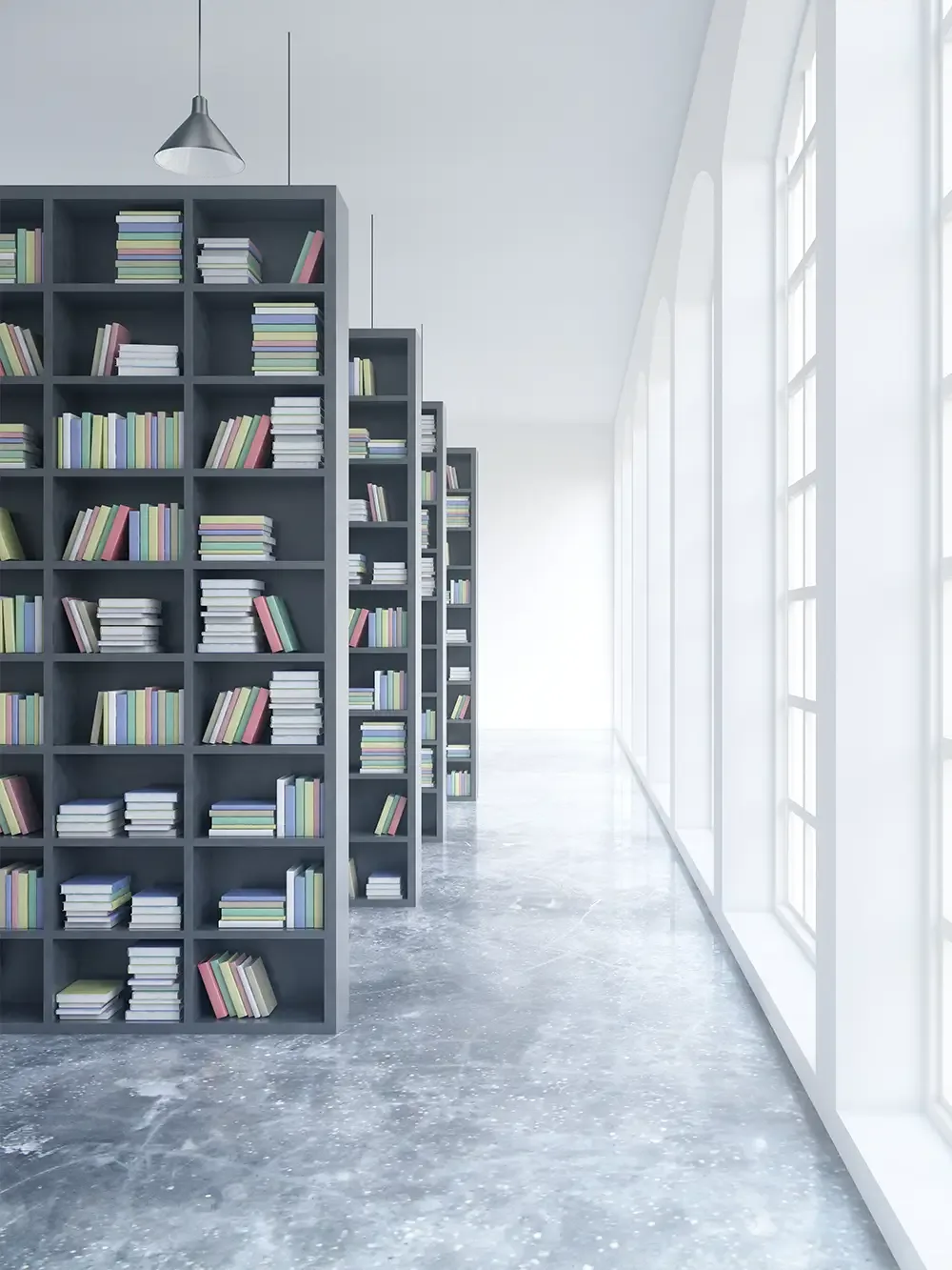 3D-Darstellung einer Bibliothek in hellgrauem Farbschema mit lichtdurchfluteten Innenräumen.